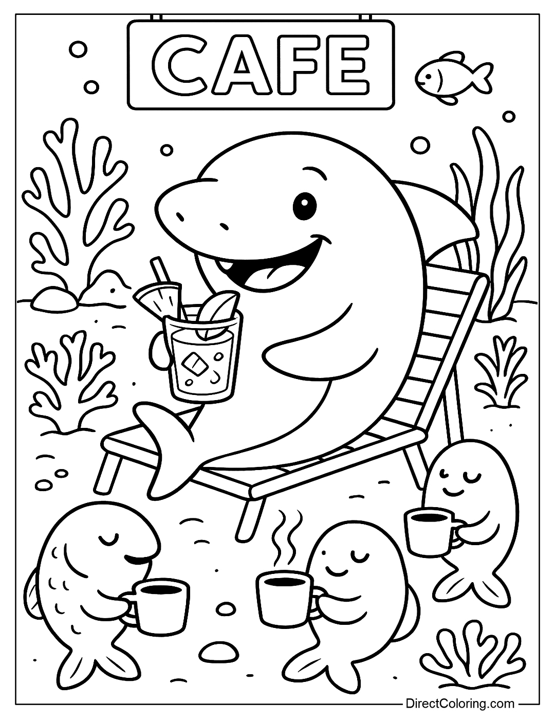 Shark sitting in an underwater cafe, holding a cup of tropical fruit coffee with slices of pineapple and fresh mango coloring sheet